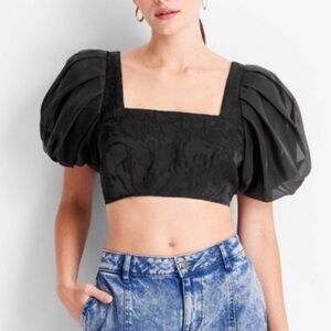 FUTURE COLLECTIVE Black Jacquard Puff Sleeve Crop Top